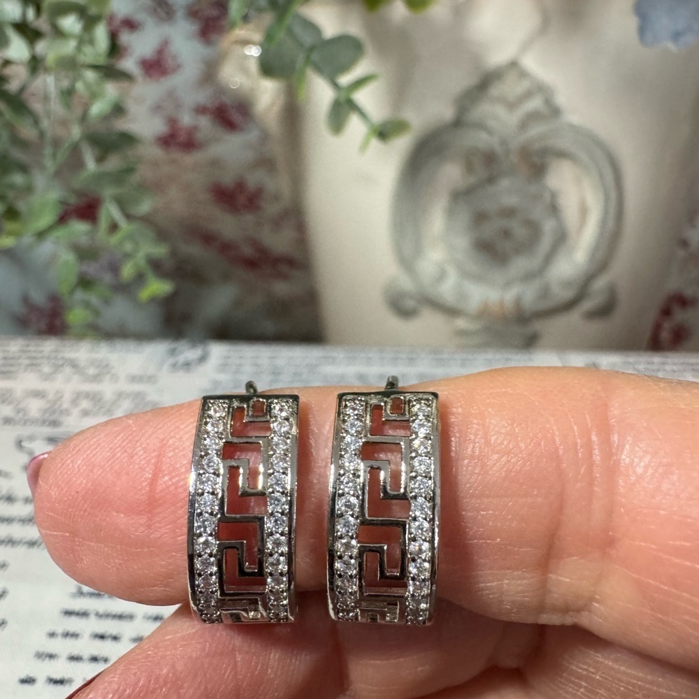 Stainless Steel Greek Key Hoop Earrings with Crystal Accents - Silver - Picture 2 of 4